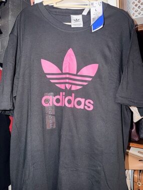 adidas Black T-Shirt with Pink Trefoil Logo NWT